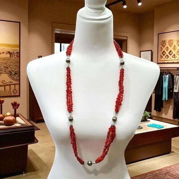 CAROLYN POLLACK Triple Strand Natural Red Coral Nugget .925 Native Pearl Beads - Picture 1 of 12